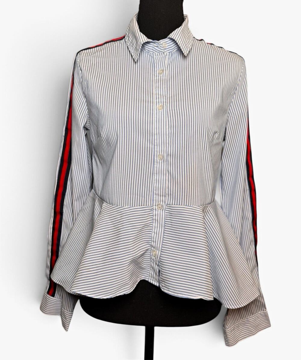 18 Centimeters Blue White Striped Peplum Button-Up Collared Long Sleeve Top L